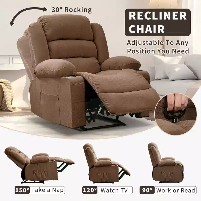 Fauteuil inclinable large COZONY pour adultes, fauteuil de relaxation manuel surdimensionné avec accoudoir, dossier, 2 porte-gobelets et pochette latérale pour salon