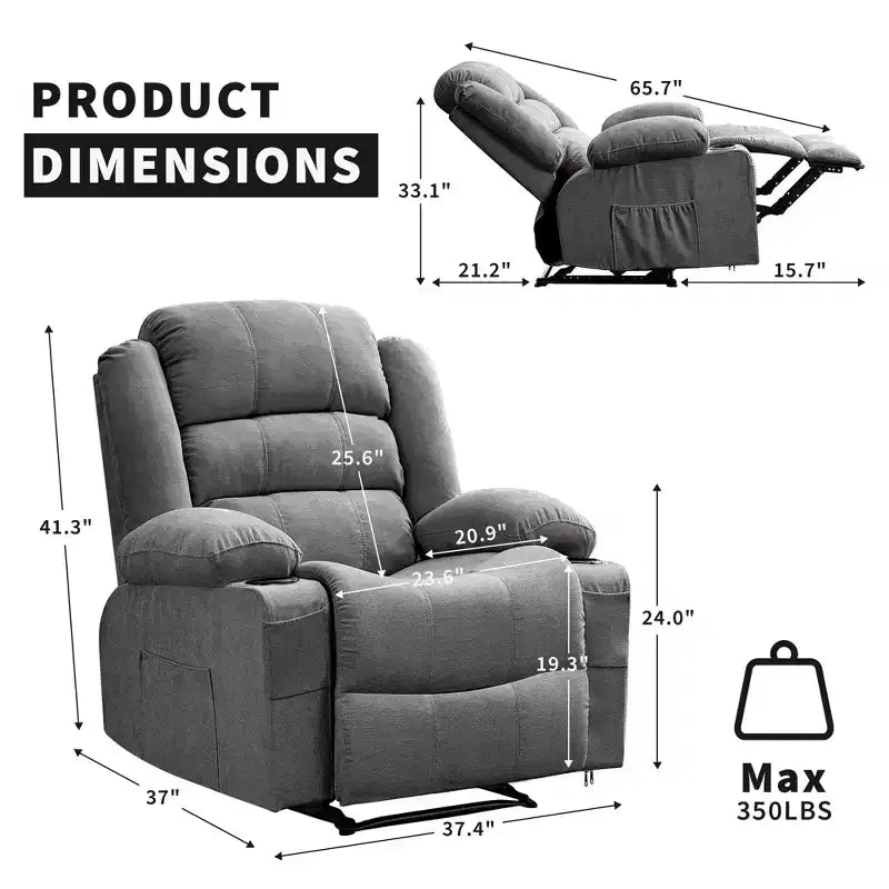 Fauteuil inclinable large COZONY pour adultes, fauteuil de relaxation manuel surdimensionné avec accoudoir, dossier, 2 porte-gobelets et pochette latérale pour salon