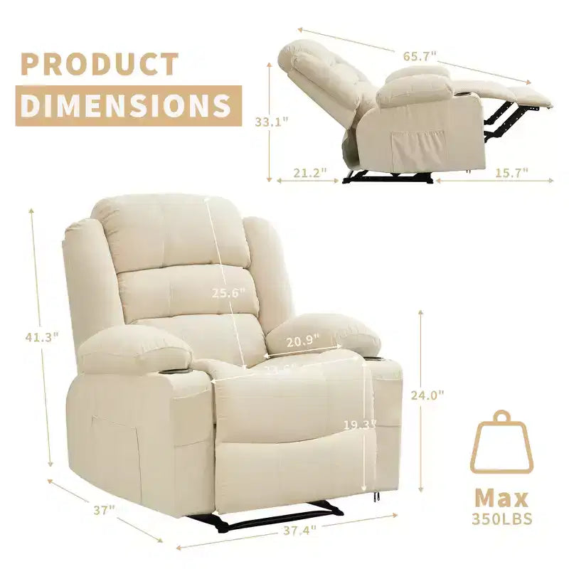 Fauteuil inclinable large COZONY pour adultes, fauteuil de relaxation manuel surdimensionné avec accoudoir, dossier, 2 porte-gobelets et pochette latérale pour salon