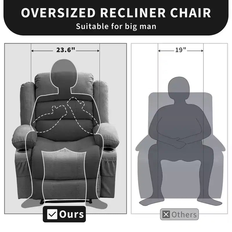 Fauteuil inclinable large COZONY pour adultes, fauteuil de relaxation manuel surdimensionné avec accoudoir, dossier, 2 porte-gobelets et pochette latérale pour salon