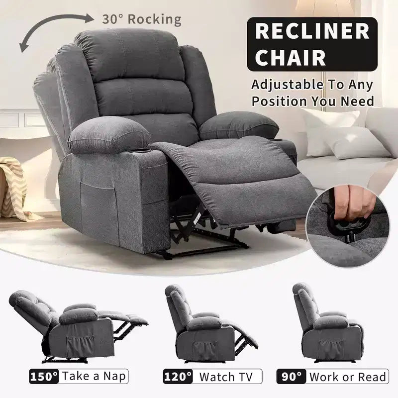 Fauteuil inclinable large COZONY pour adultes, fauteuil de relaxation manuel surdimensionné avec accoudoir, dossier, 2 porte-gobelets et pochette latérale pour salon