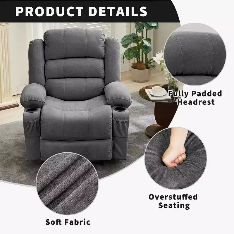 Fauteuil inclinable large COZONY pour adultes, fauteuil de relaxation manuel surdimensionné avec accoudoir, dossier, 2 porte-gobelets et pochette latérale pour salon