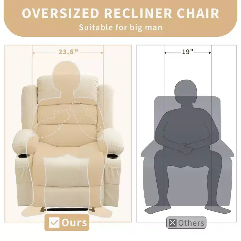 Fauteuil inclinable large COZONY pour adultes, fauteuil de relaxation manuel surdimensionné avec accoudoir, dossier, 2 porte-gobelets et pochette latérale pour salon