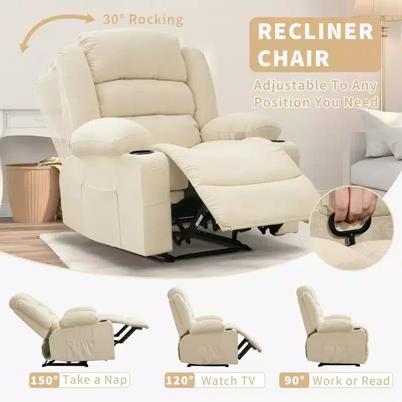Fauteuil inclinable large COZONY pour adultes, fauteuil de relaxation manuel surdimensionné avec accoudoir, dossier, 2 porte-gobelets et pochette latérale pour salon