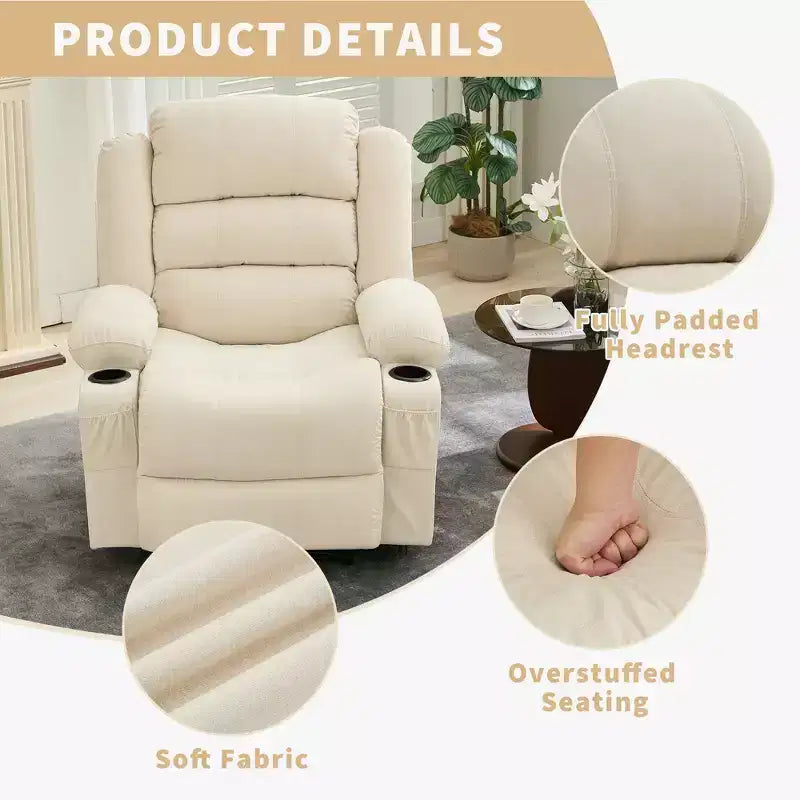 Fauteuil inclinable large COZONY pour adultes, fauteuil de relaxation manuel surdimensionné avec accoudoir, dossier, 2 porte-gobelets et pochette latérale pour salon