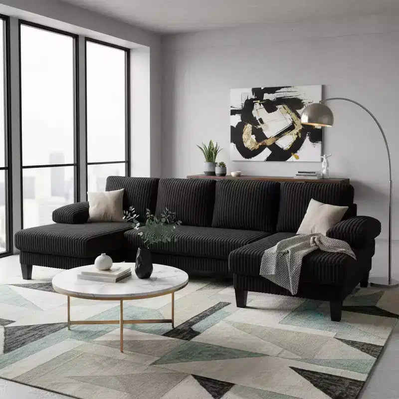 Canapé sectionnel d'angle en velours côtelé Homy Casa avec double méridienne, canapé 4 places pour salon