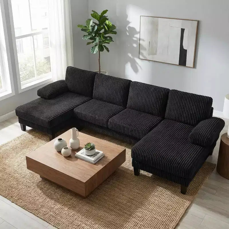 Canapé sectionnel d'angle en velours côtelé Homy Casa avec double méridienne, canapé 4 places pour salon
