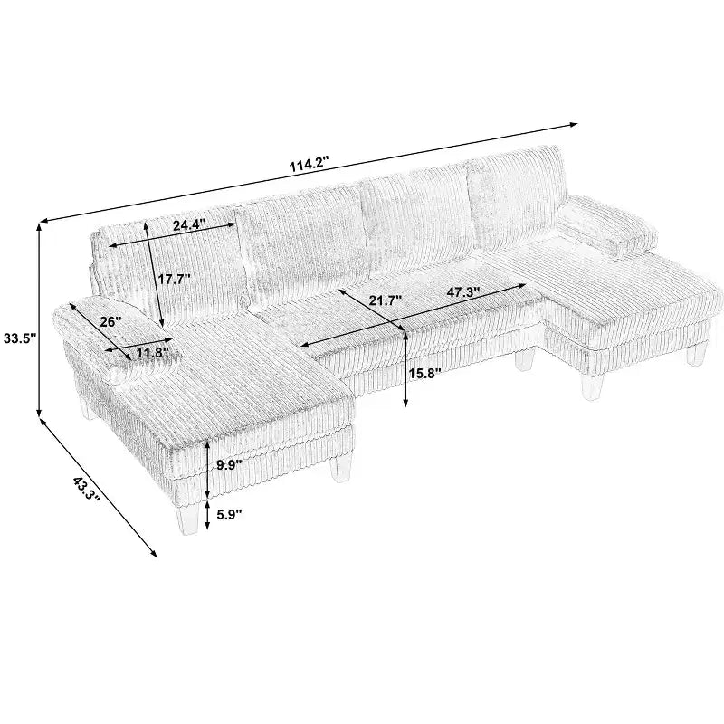 Canapé sectionnel d'angle en velours côtelé Homy Casa avec double méridienne, canapé 4 places pour salon