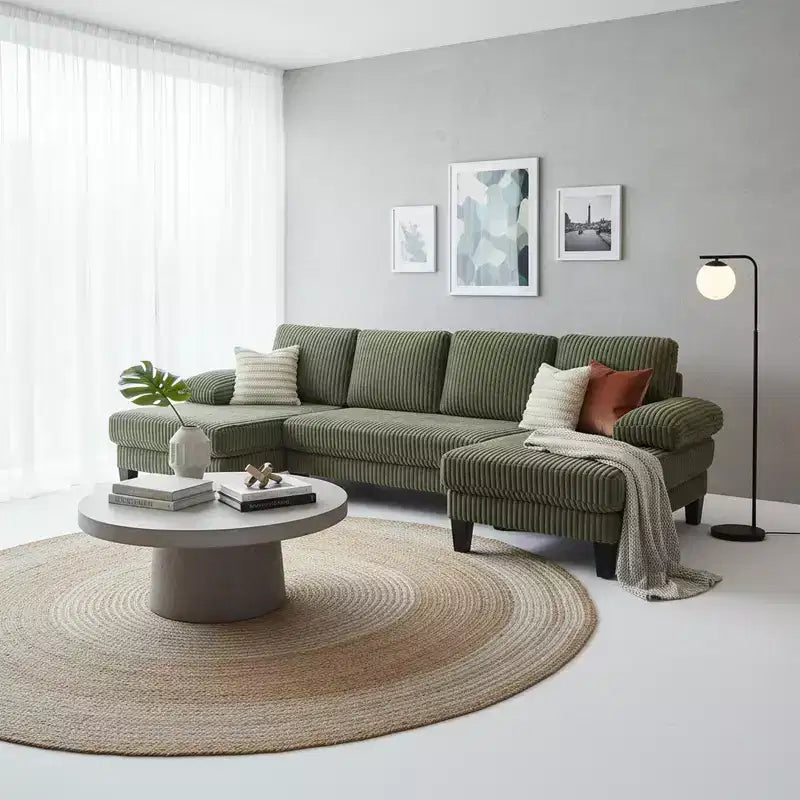Canapé sectionnel d'angle en velours côtelé Homy Casa avec double méridienne, canapé 4 places pour salon