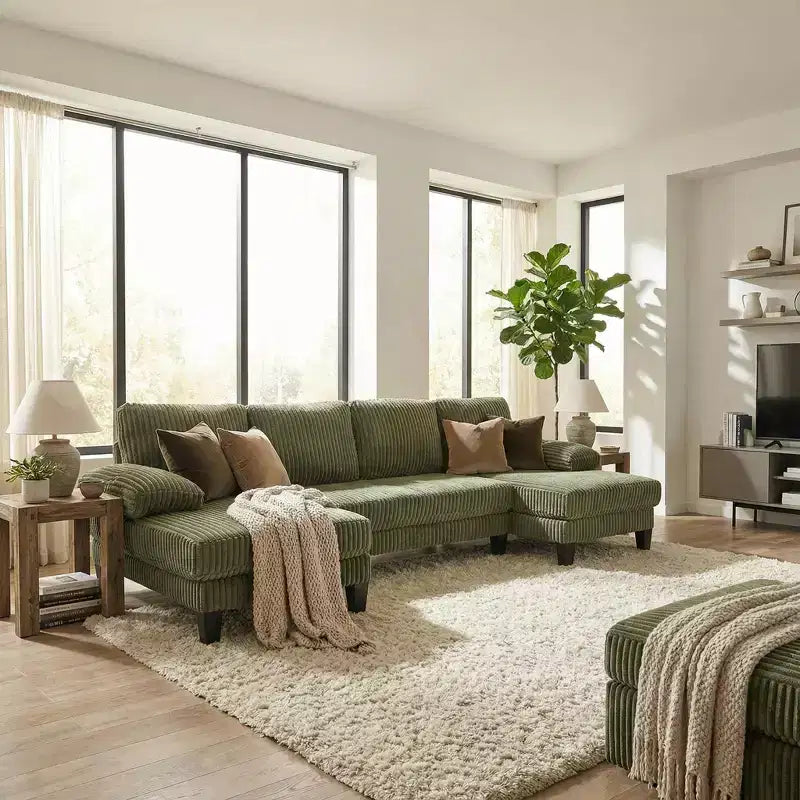 Canapé sectionnel d'angle en velours côtelé Homy Casa avec double méridienne, canapé 4 places pour salon