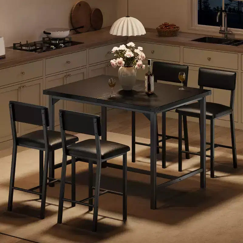Dining Table Set for 4, 5-Piece Kitchen Table Set, Footrest, Corner Protector, Counter Height Table, 2 Upholstered Bar Stools, for Kitchen