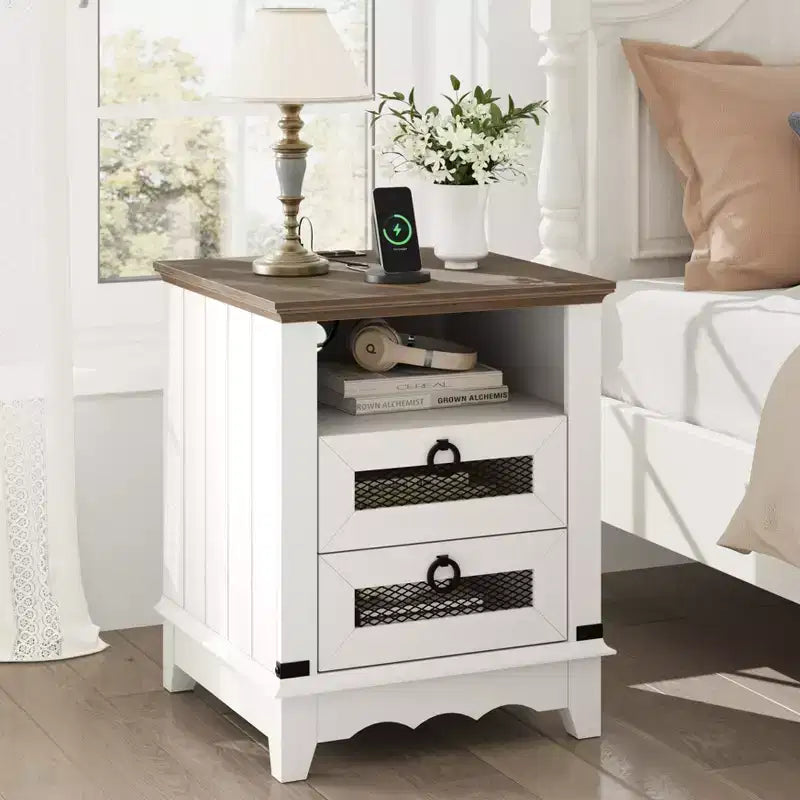 Table de Chevet Ferme, 2 Tiroirs et Étagère de Rangement Ouverte, pour Chambre ou Salon