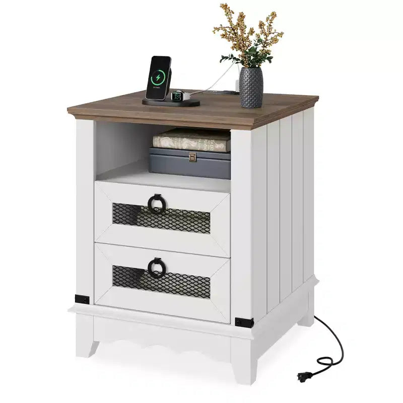 Table de Chevet Ferme, 2 Tiroirs et Étagère de Rangement Ouverte, pour Chambre ou Salon