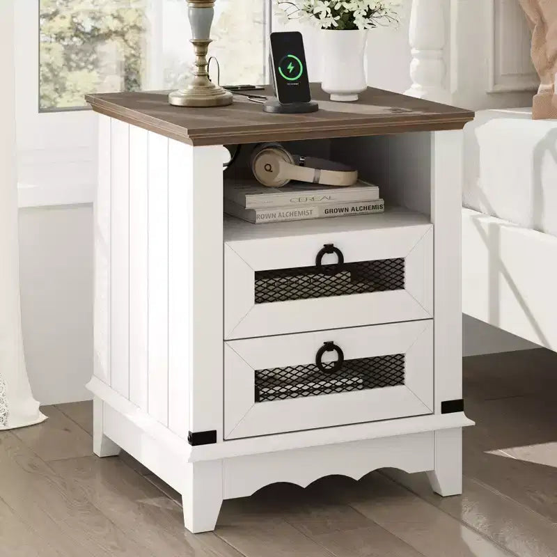 Table de Chevet Ferme, 2 Tiroirs et Étagère de Rangement Ouverte, pour Chambre ou Salon
