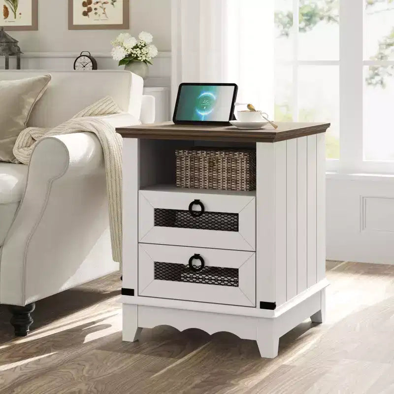 Table de Chevet Ferme, 2 Tiroirs et Étagère de Rangement Ouverte, pour Chambre ou Salon