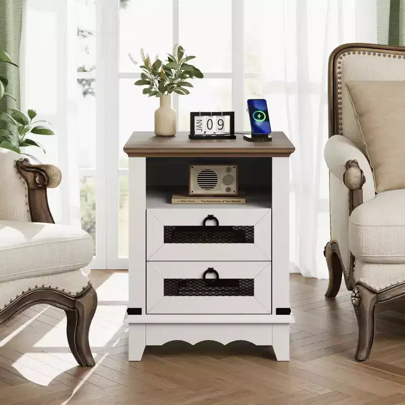 Table de Chevet Ferme, 2 Tiroirs et Étagère de Rangement Ouverte, pour Chambre ou Salon
