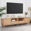 Modern Rattan TV Cabinet with Open Storage Shelves and Sturdy Wood Legs, Home Entertainment Center for Game Rooms, Living Rooms, Bedrooms, Offices