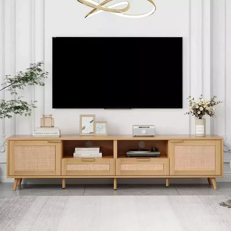 Meuble TV moderne en rotin avec étagères de rangement ouvertes et pieds en bois robustes, centre de divertissement à domicile pour salles de jeux, salons, chambres à coucher, bureaux