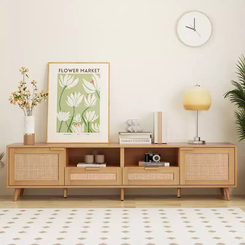 Meuble TV moderne en rotin avec étagères de rangement ouvertes et pieds en bois robustes, centre de divertissement à domicile pour salles de jeux, salons, chambres à coucher, bureaux