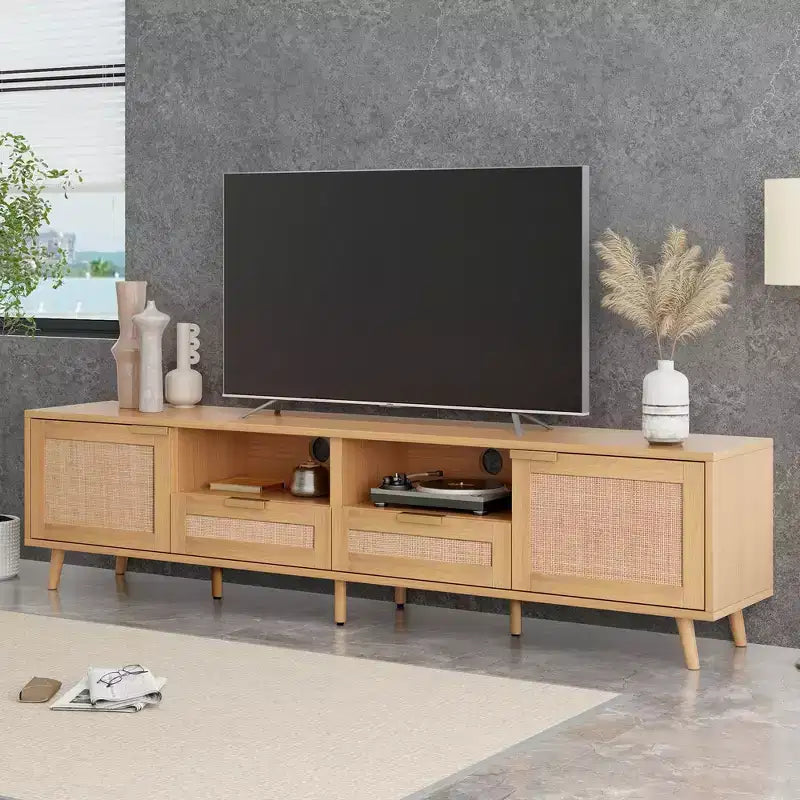 Meuble TV moderne en rotin avec étagères de rangement ouvertes et pieds en bois robustes, centre de divertissement à domicile pour salles de jeux, salons, chambres à coucher, bureaux