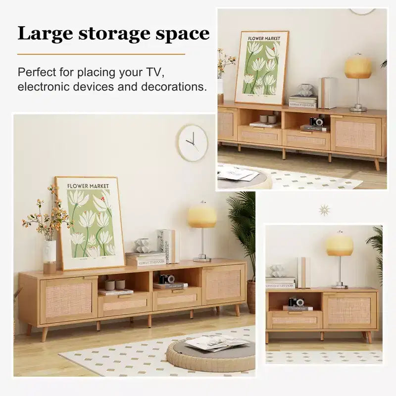 Meuble TV moderne en rotin avec étagères de rangement ouvertes et pieds en bois robustes, centre de divertissement à domicile pour salles de jeux, salons, chambres à coucher, bureaux