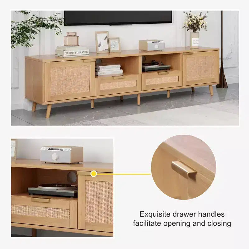 Meuble TV moderne en rotin avec étagères de rangement ouvertes et pieds en bois robustes, centre de divertissement à domicile pour salles de jeux, salons, chambres à coucher, bureaux