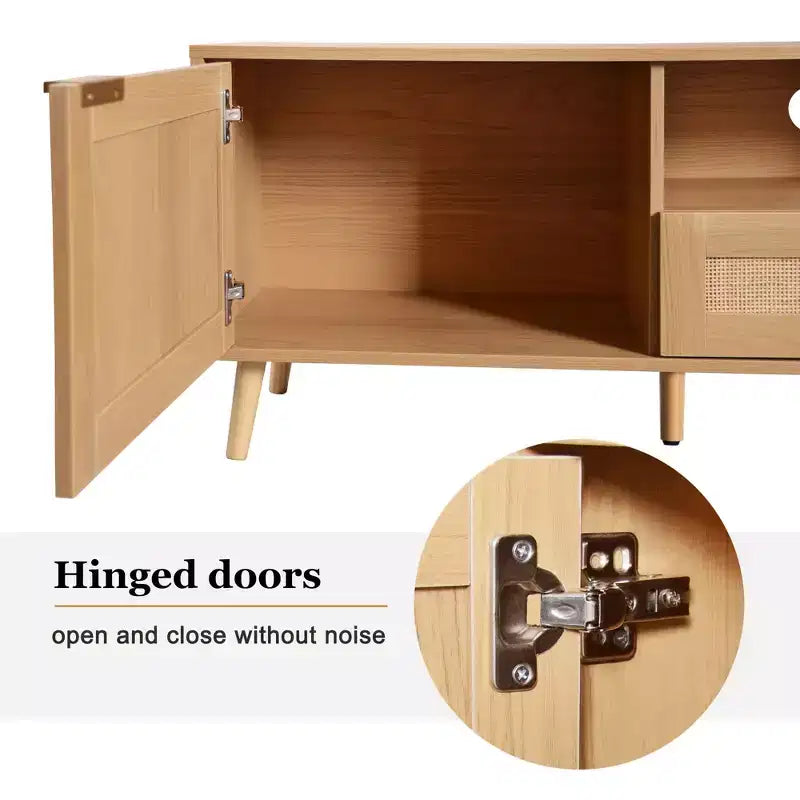 Meuble TV moderne en rotin avec étagères de rangement ouvertes et pieds en bois robustes, centre de divertissement à domicile pour salles de jeux, salons, chambres à coucher, bureaux