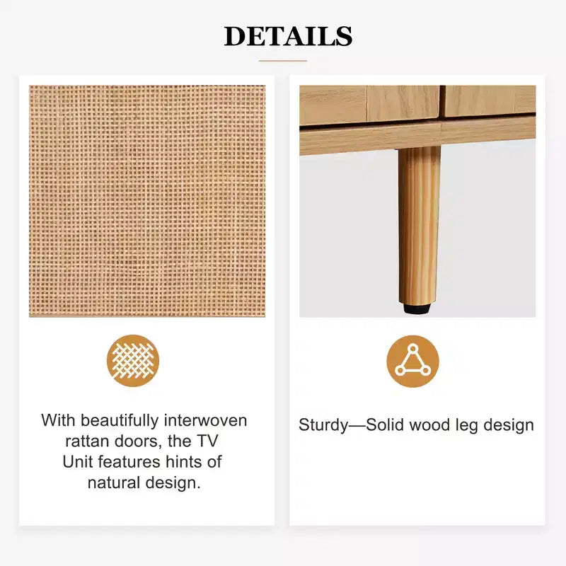 Meuble TV moderne en rotin avec étagères de rangement ouvertes et pieds en bois robustes, centre de divertissement à domicile pour salles de jeux, salons, chambres à coucher, bureaux