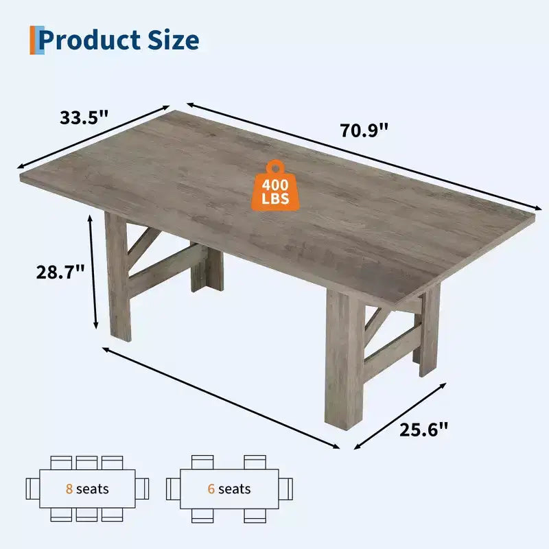 Longue table de cuisine en bois, table à manger pour 6 à 8 personnes, grande table de salle à manger de style ferme.