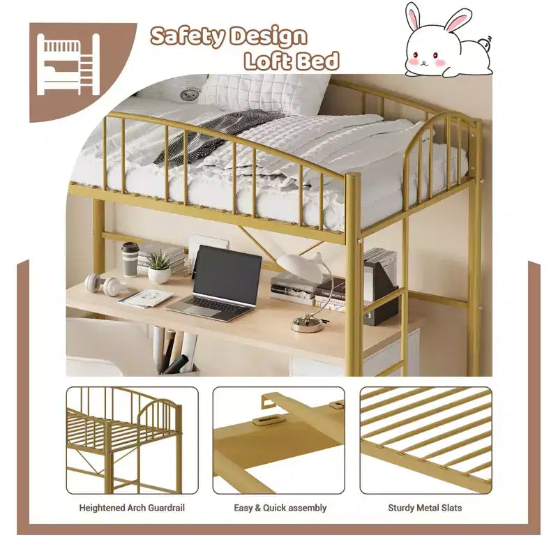 Lit mezzanine une place avec cadre en métal robuste, balustrades cintrées et échelle de sécurité, conception peu encombrante, aucun sommier requis, silencieux