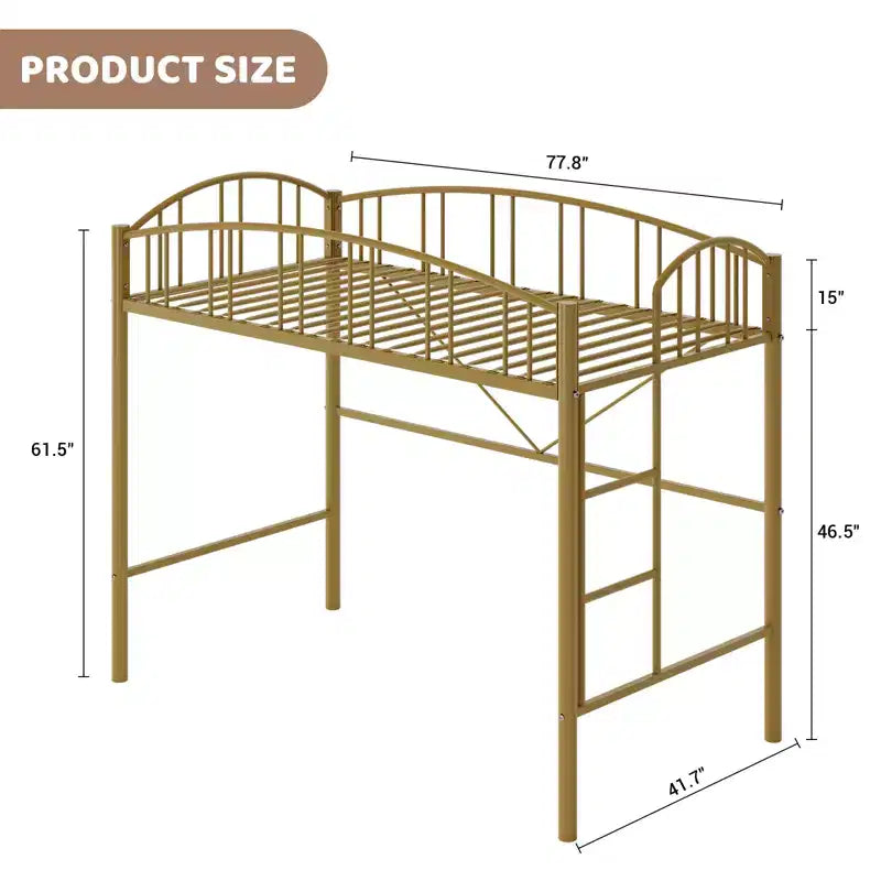 Lit mezzanine une place avec cadre en métal robuste, balustrades cintrées et échelle de sécurité, conception peu encombrante, aucun sommier requis, silencieux