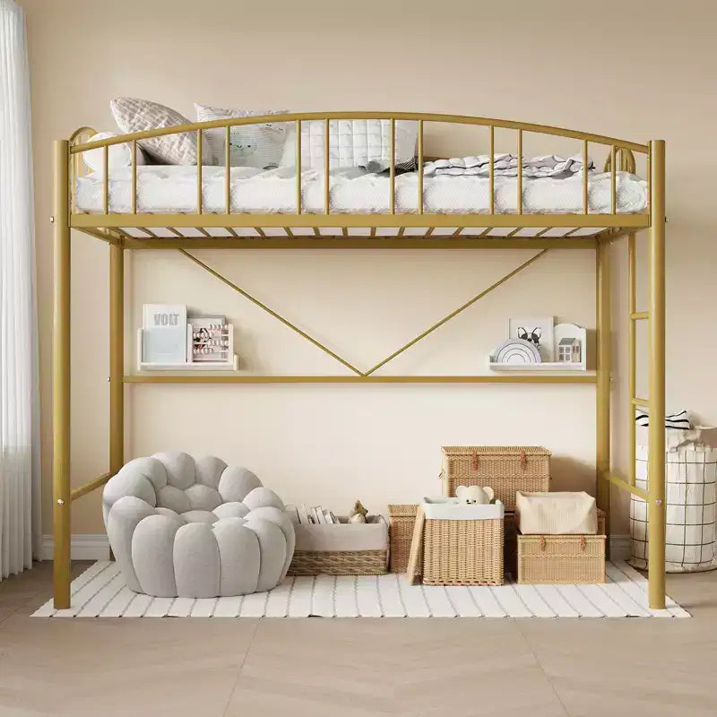 Lit mezzanine une place avec cadre en métal robuste, balustrades cintrées et échelle de sécurité, conception peu encombrante, aucun sommier requis, silencieux