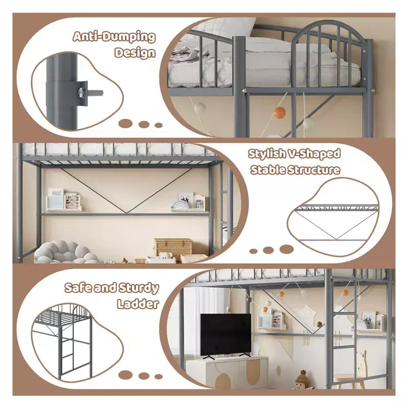 Lit mezzanine une place avec cadre en métal robuste, balustrades cintrées et échelle de sécurité, conception peu encombrante, aucun sommier requis, silencieux