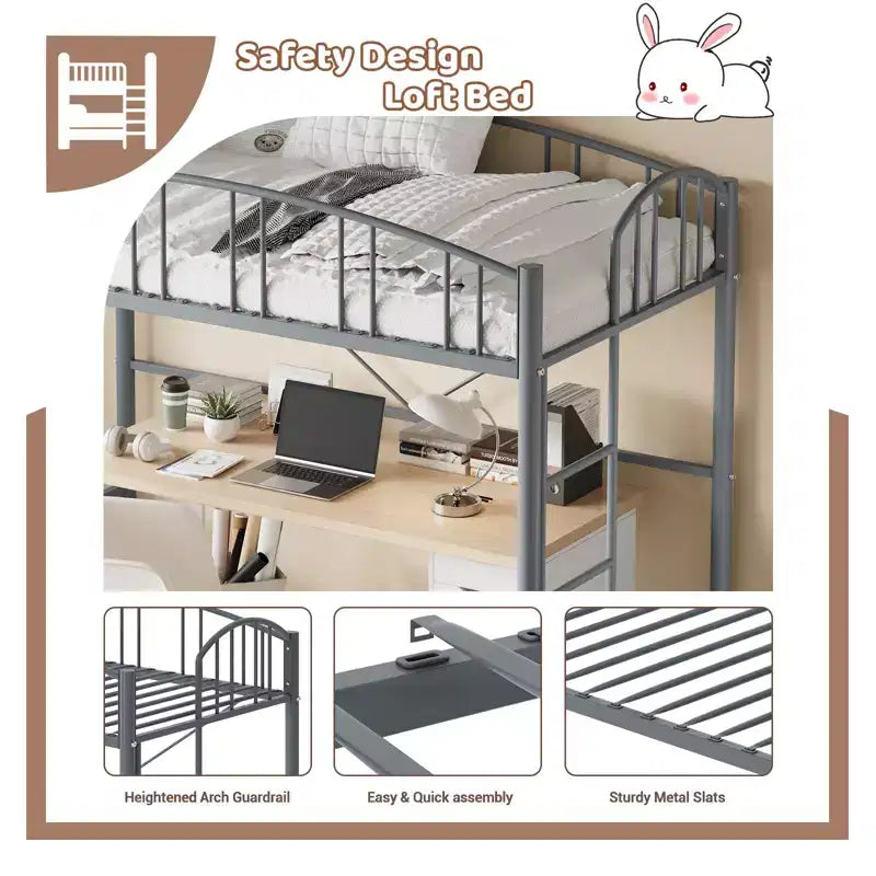 Lit mezzanine une place avec cadre en métal robuste, balustrades cintrées et échelle de sécurité, conception peu encombrante, aucun sommier requis, silencieux