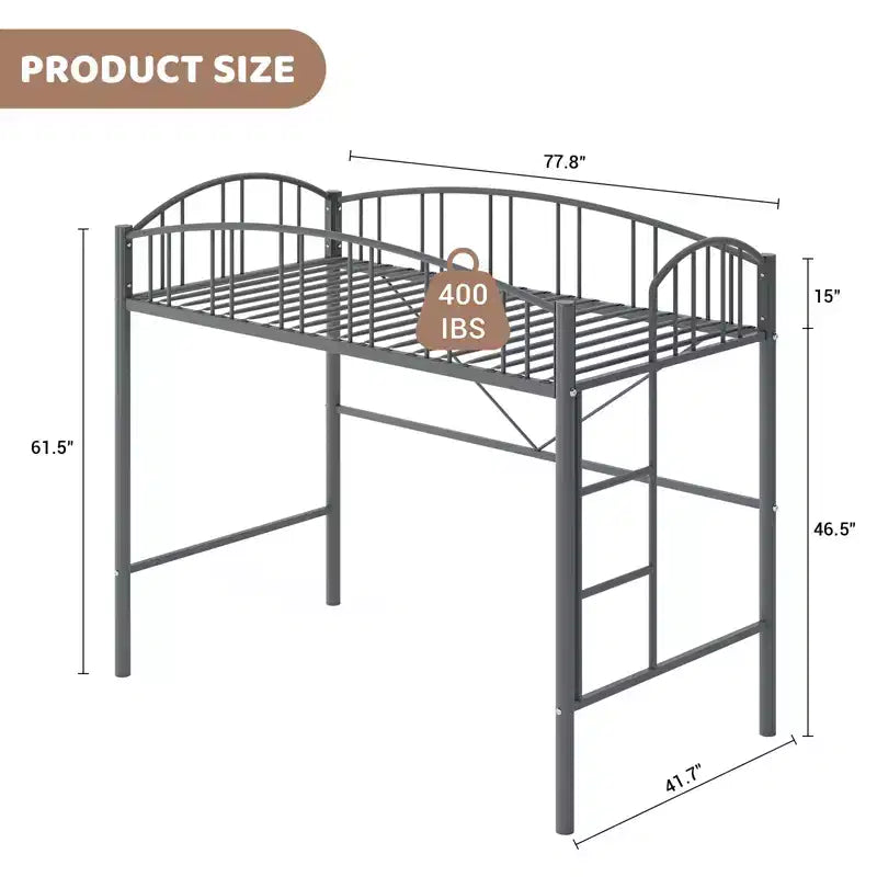 Lit mezzanine une place avec cadre en métal robuste, balustrades cintrées et échelle de sécurité, conception peu encombrante, aucun sommier requis, silencieux