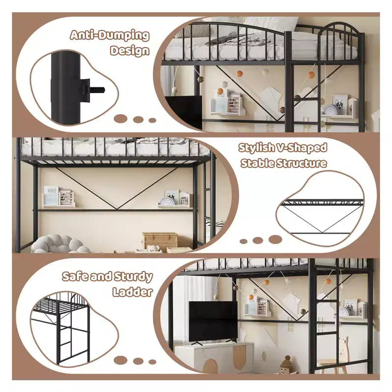 Lit mezzanine une place avec cadre en métal robuste, balustrades cintrées et échelle de sécurité, conception peu encombrante, aucun sommier requis, silencieux