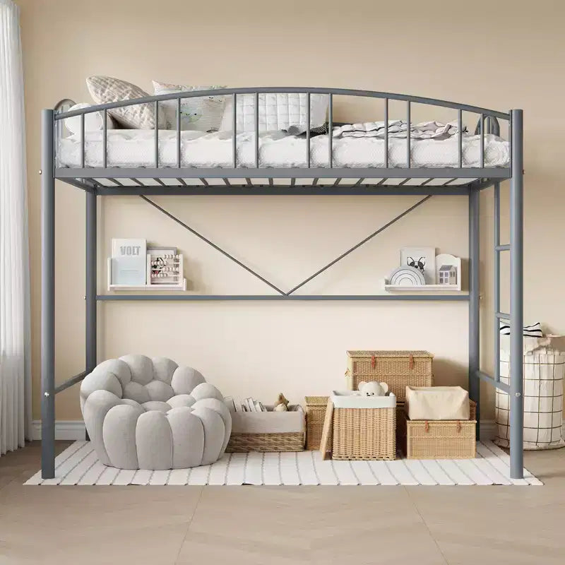 Lit mezzanine une place avec cadre en métal robuste, balustrades cintrées et échelle de sécurité, conception peu encombrante, aucun sommier requis, silencieux