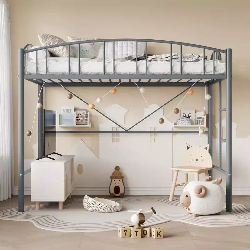 Lit mezzanine une place avec cadre en métal robuste, balustrades cintrées et échelle de sécurité, conception peu encombrante, aucun sommier requis, silencieux