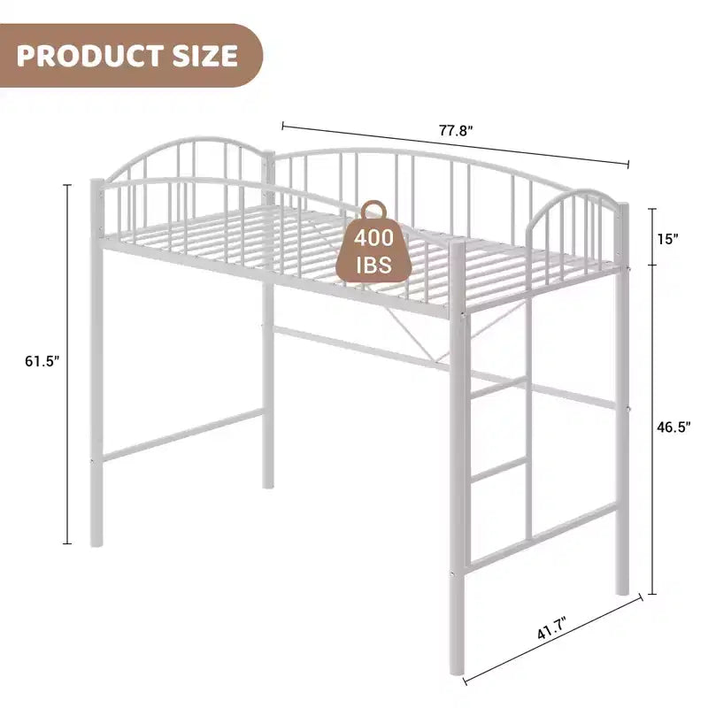 Lit mezzanine une place avec cadre en métal robuste, balustrades cintrées et échelle de sécurité, conception peu encombrante, aucun sommier requis, silencieux