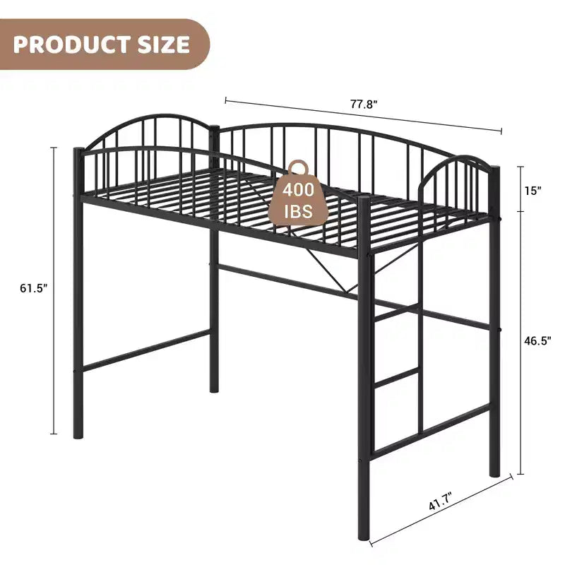 Lit mezzanine une place avec cadre en métal robuste, balustrades cintrées et échelle de sécurité, conception peu encombrante, aucun sommier requis, silencieux