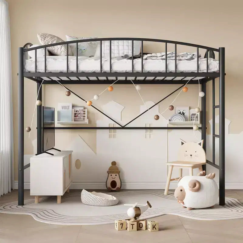 Lit mezzanine une place avec cadre en métal robuste, balustrades cintrées et échelle de sécurité, conception peu encombrante, aucun sommier requis, silencieux