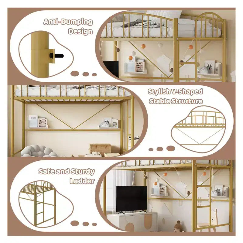 Lit mezzanine une place avec cadre en métal robuste, balustrades cintrées et échelle de sécurité, conception peu encombrante, aucun sommier requis, silencieux