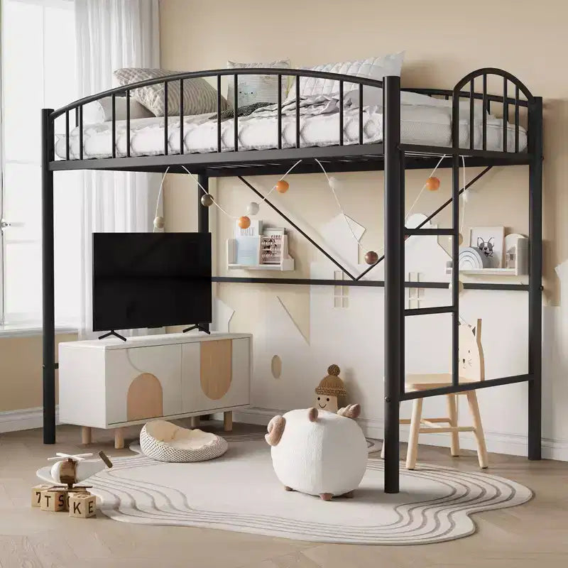 Twin-Size Loft Bed with Heavy-Duty Metal Loft Frame, Arched Guardrails and Safety Ladder, Space-Saving Design, No Mattress Base Required, Noiseless