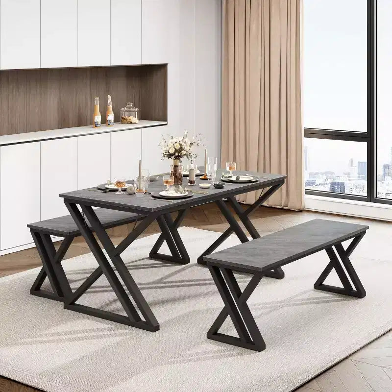 Dining Table Bench Set for 4, Kitchen Table Set with 2 Benches, Rectangular Dining Room Table Set with Sturdy Metal Frame, Grey