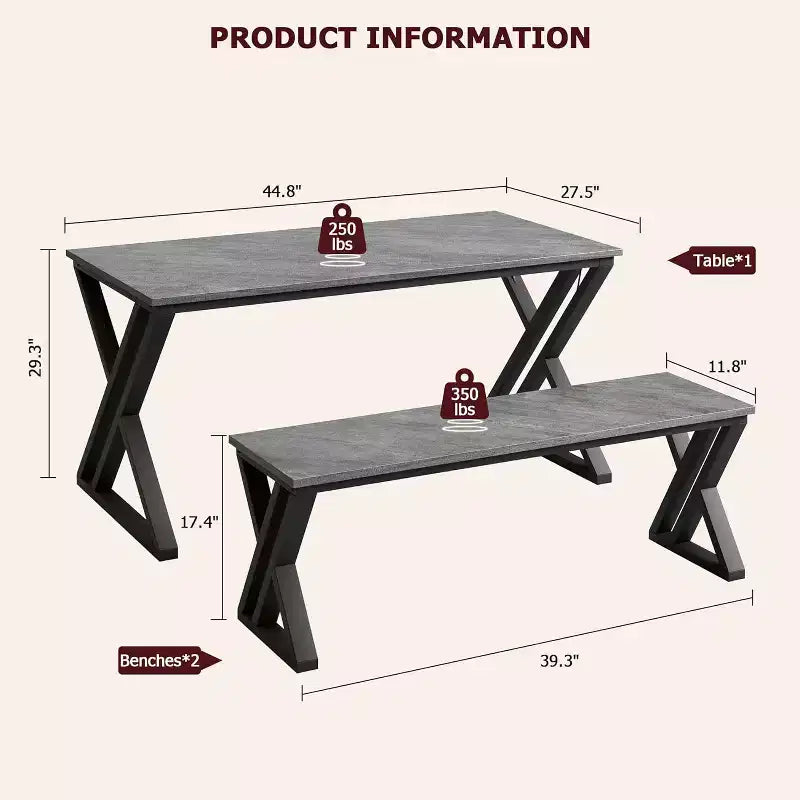 Ensemble table et banc de salle à manger pour 4, ensemble table de cuisine avec 2 bancs, ensemble de table de salle à manger rectangulaire avec cadre en métal robuste, gris
