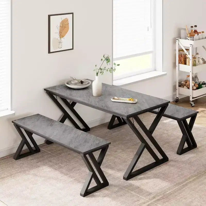 Ensemble table et banc de salle à manger pour 4, ensemble table de cuisine avec 2 bancs, ensemble de table de salle à manger rectangulaire avec cadre en métal robuste, gris
