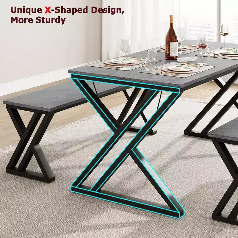 Ensemble table et banc de salle à manger pour 4, ensemble table de cuisine avec 2 bancs, ensemble de table de salle à manger rectangulaire avec cadre en métal robuste, gris