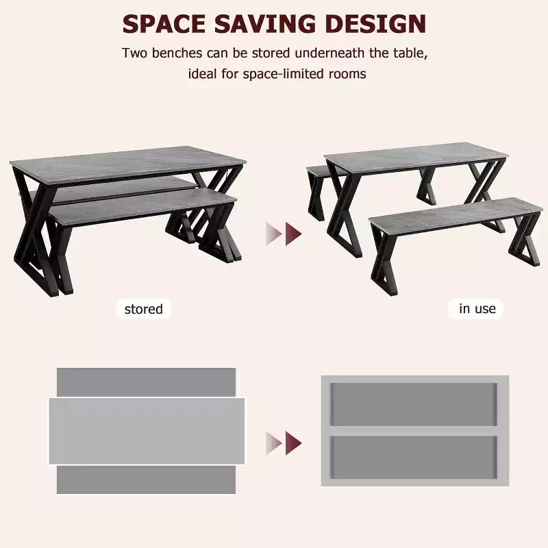 Ensemble table et banc de salle à manger pour 4, ensemble table de cuisine avec 2 bancs, ensemble de table de salle à manger rectangulaire avec cadre en métal robuste, gris