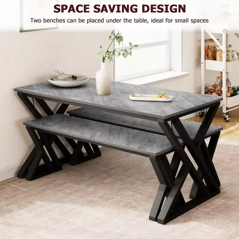 Ensemble table et banc de salle à manger pour 4, ensemble table de cuisine avec 2 bancs, ensemble de table de salle à manger rectangulaire avec cadre en métal robuste, gris