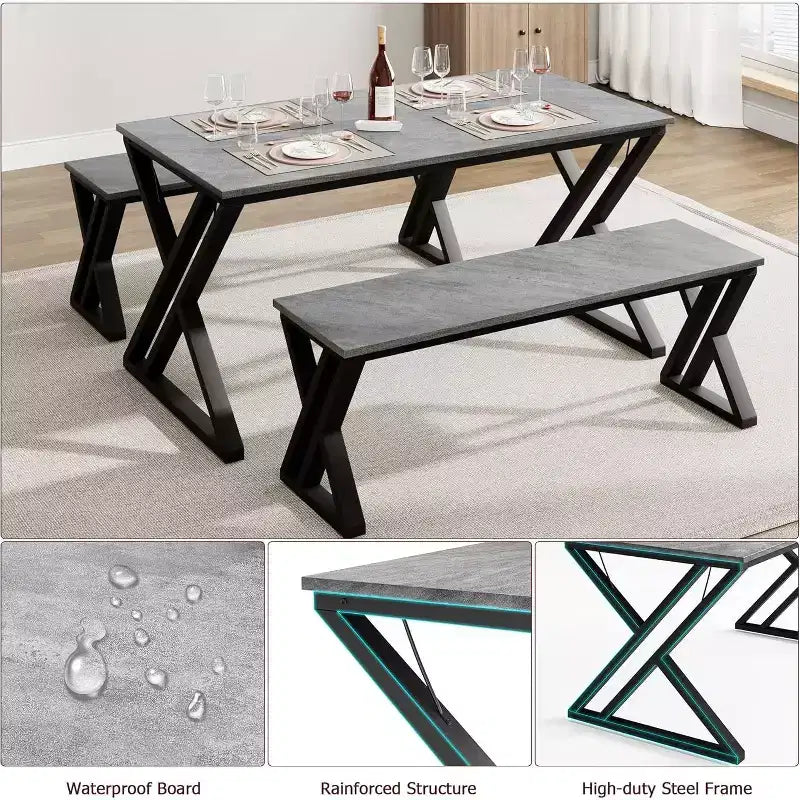 Ensemble table et banc de salle à manger pour 4, ensemble table de cuisine avec 2 bancs, ensemble de table de salle à manger rectangulaire avec cadre en métal robuste, gris